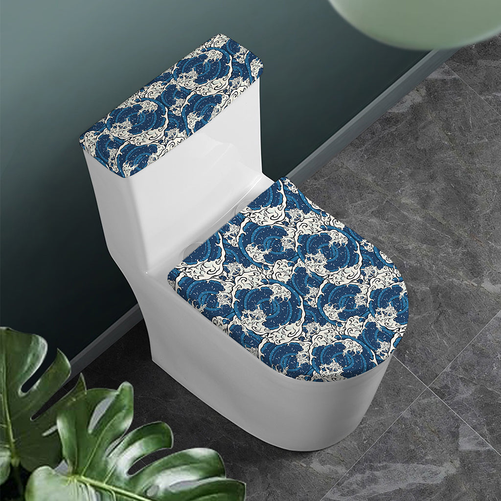 Japanese Ocean Wave Pattern Print Toilet Lid And Tank Cover Set