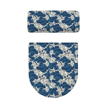 Japanese Ocean Wave Pattern Print Toilet Lid And Tank Cover Set