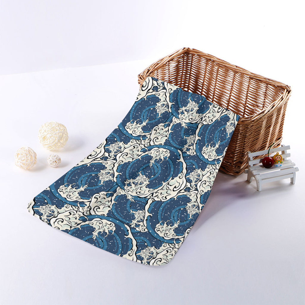 Japanese Ocean Wave Pattern Print Towel