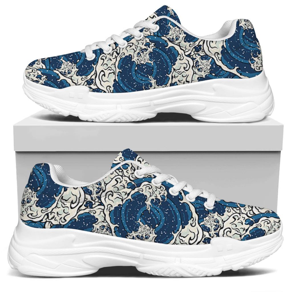 Japanese Ocean Wave Pattern Print White Chunky Shoes