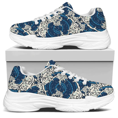 Japanese Ocean Wave Pattern Print White Chunky Shoes