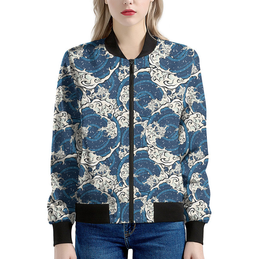 Japanese Ocean Wave Pattern Print Women's Bomber Jacket