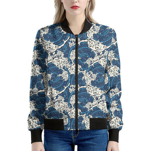 Japanese Ocean Wave Pattern Print Women's Bomber Jacket