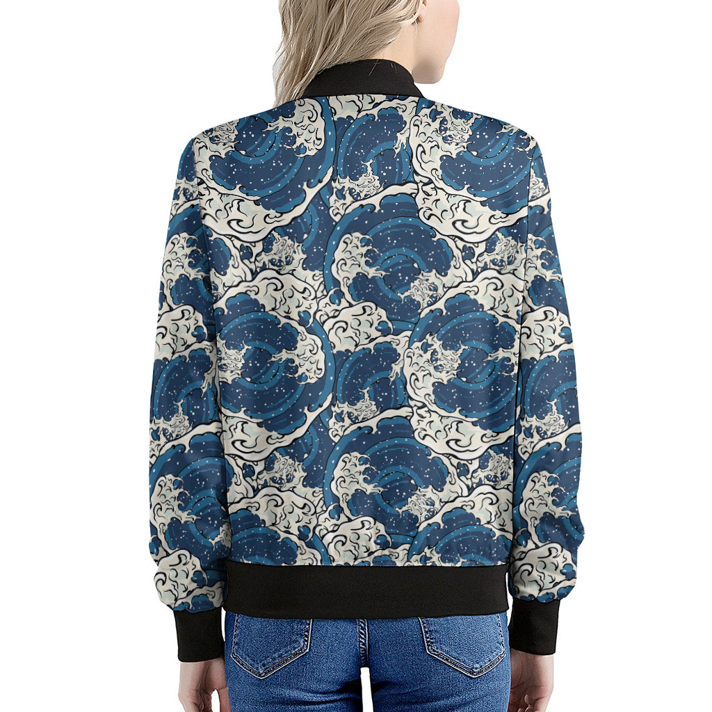 Japanese Ocean Wave Pattern Print Women's Bomber Jacket