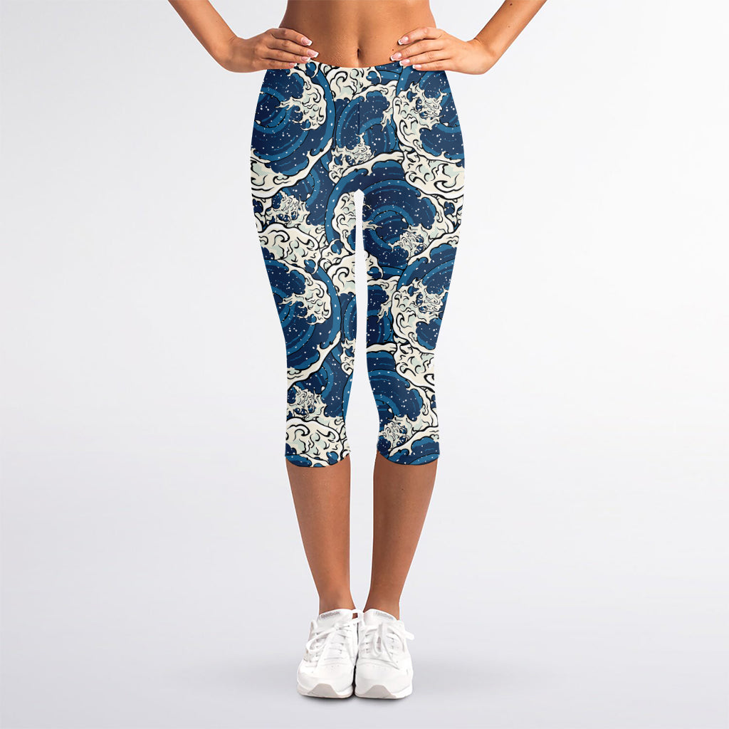 Japanese Ocean Wave Pattern Print Women's Capri Leggings
