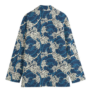 Japanese Ocean Wave Pattern Print Women's Cotton Blazer