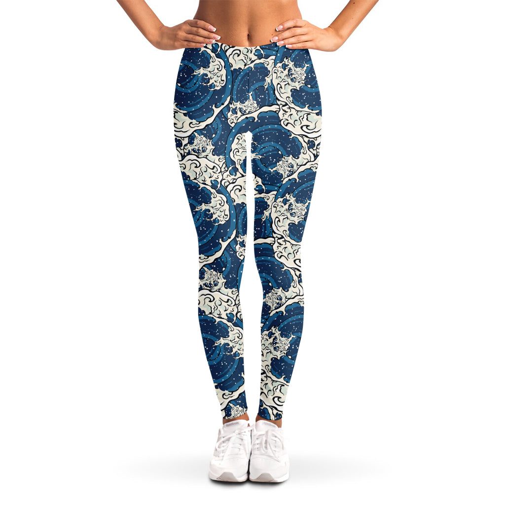 Japanese Ocean Wave Pattern Print Women's Leggings