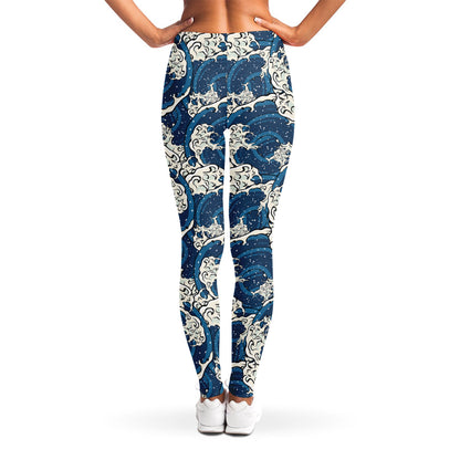 Japanese Ocean Wave Pattern Print Women's Leggings