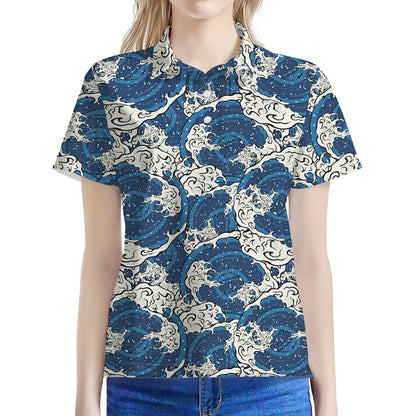Japanese Ocean Wave Pattern Print Women's Polo Shirt