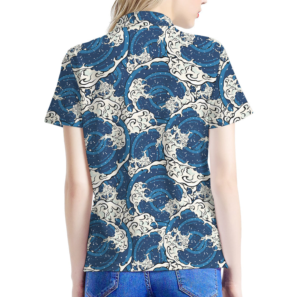 Japanese Ocean Wave Pattern Print Women's Polo Shirt