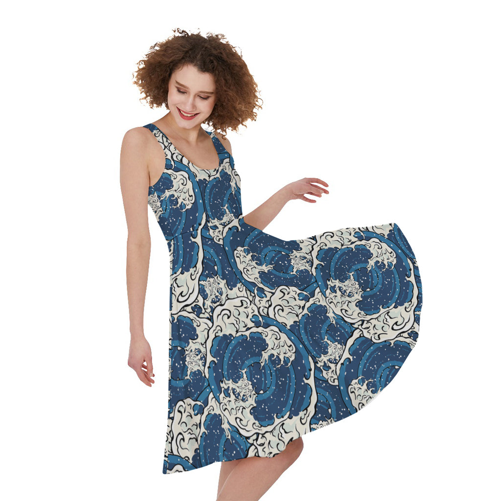 Japanese Ocean Wave Pattern Print Women's Sleeveless Dress