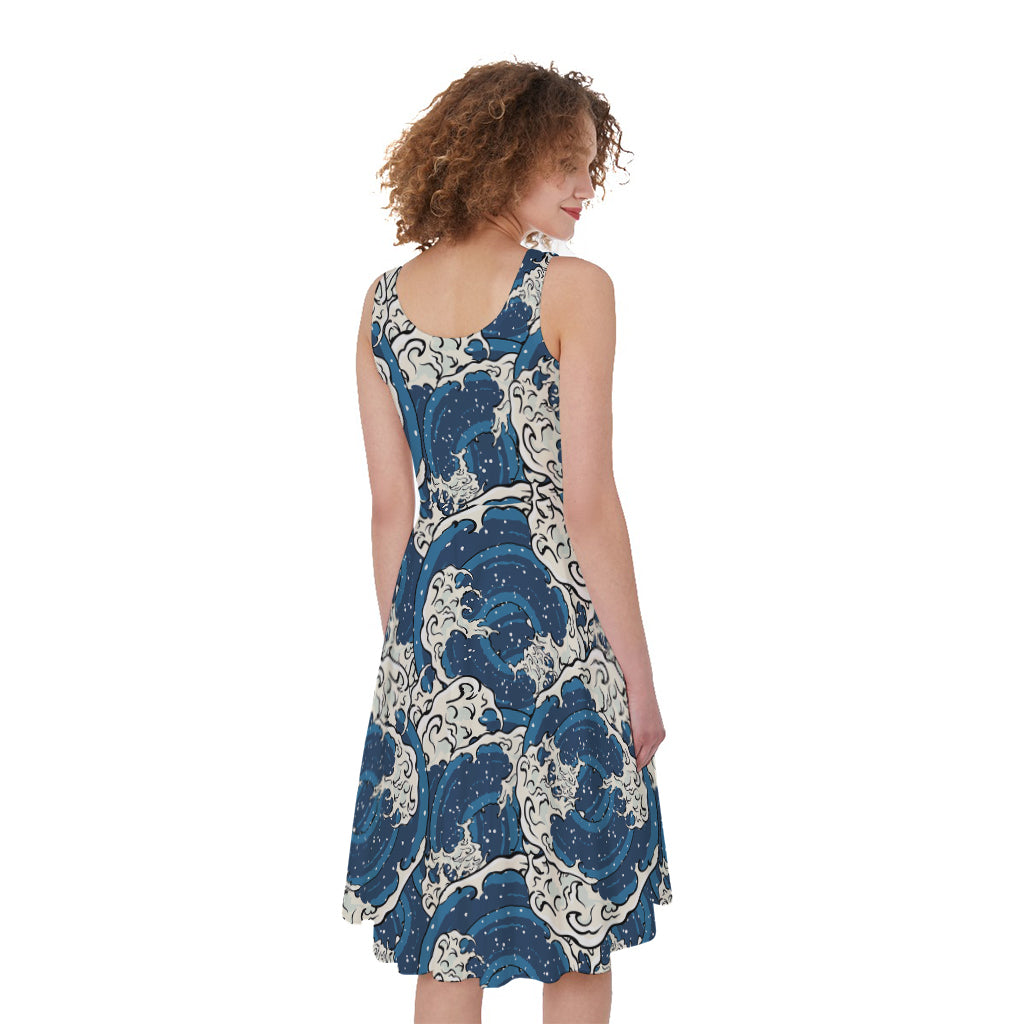 Japanese Ocean Wave Pattern Print Women's Sleeveless Dress