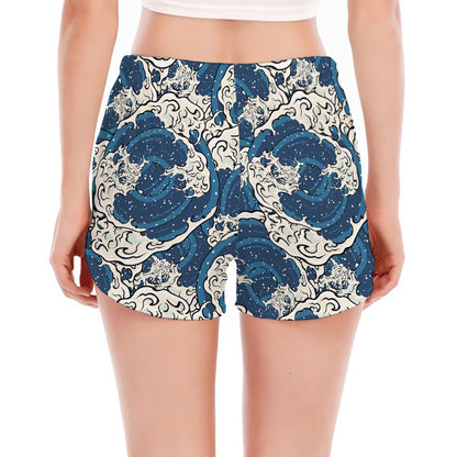 Japanese Ocean Wave Pattern Print Women's Split Running Shorts