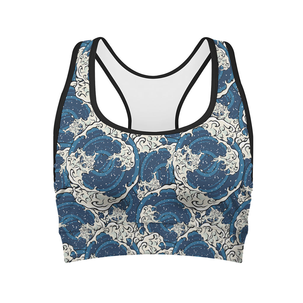 Japanese Ocean Wave Pattern Print Women's Sports Bra