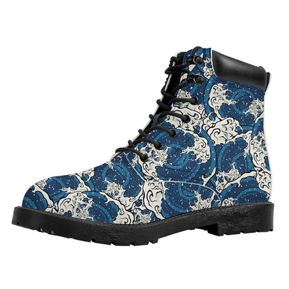 Japanese Ocean Wave Pattern Print Work Boots