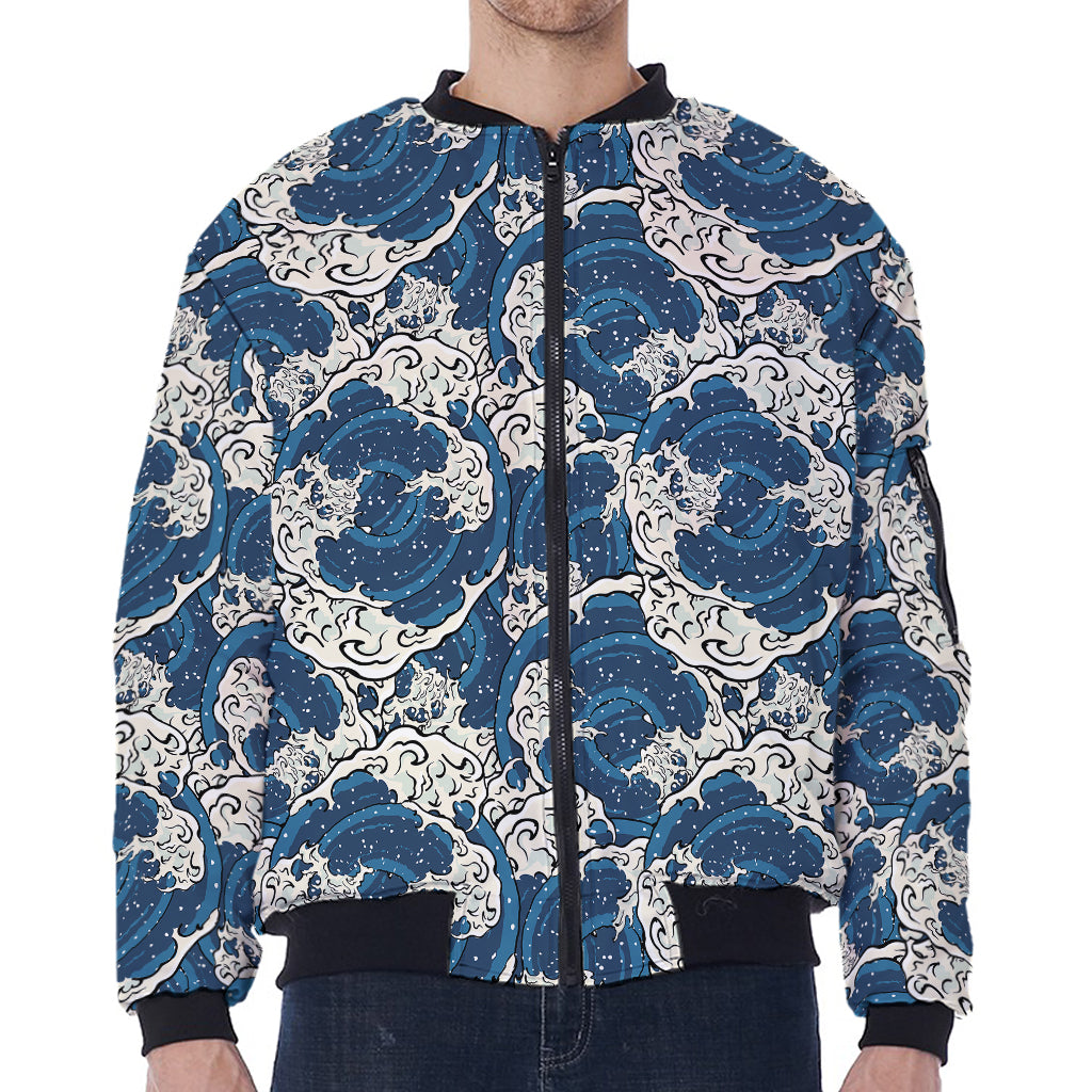 Japanese Ocean Wave Pattern Print Zip Sleeve Bomber Jacket