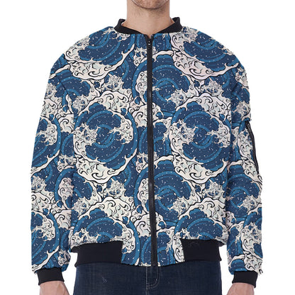Japanese Ocean Wave Pattern Print Zip Sleeve Bomber Jacket