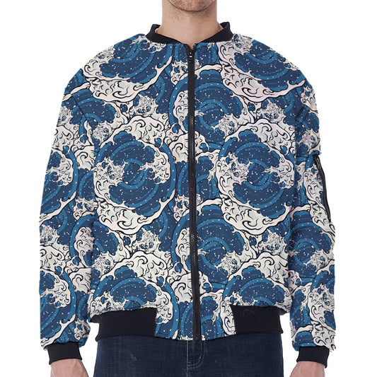 Japanese Ocean Wave Pattern Print Zip Sleeve Bomber Jacket