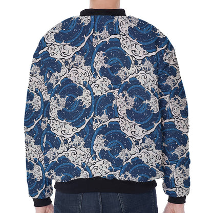 Japanese Ocean Wave Pattern Print Zip Sleeve Bomber Jacket
