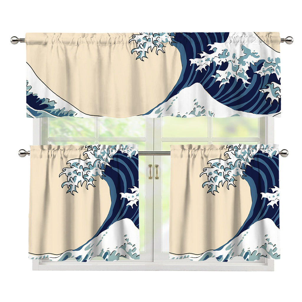 Japanese Ocean Wave Print 3 Piece Kitchen Curtains