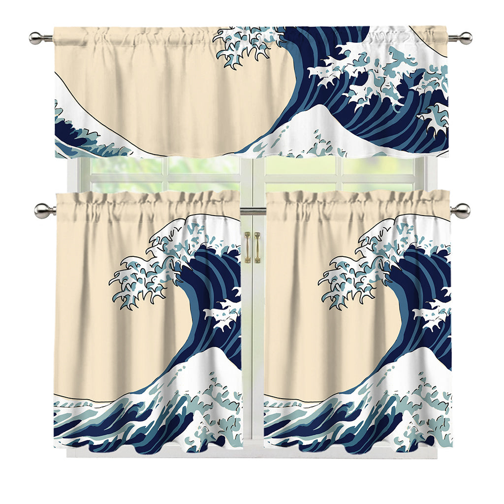 Japanese Ocean Wave Print 3 Piece Kitchen Curtains