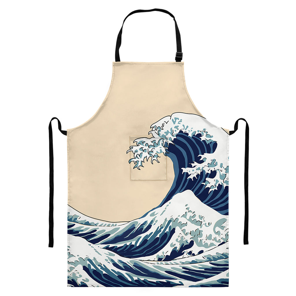 Japanese Ocean Wave Print Bib Apron With Pocket