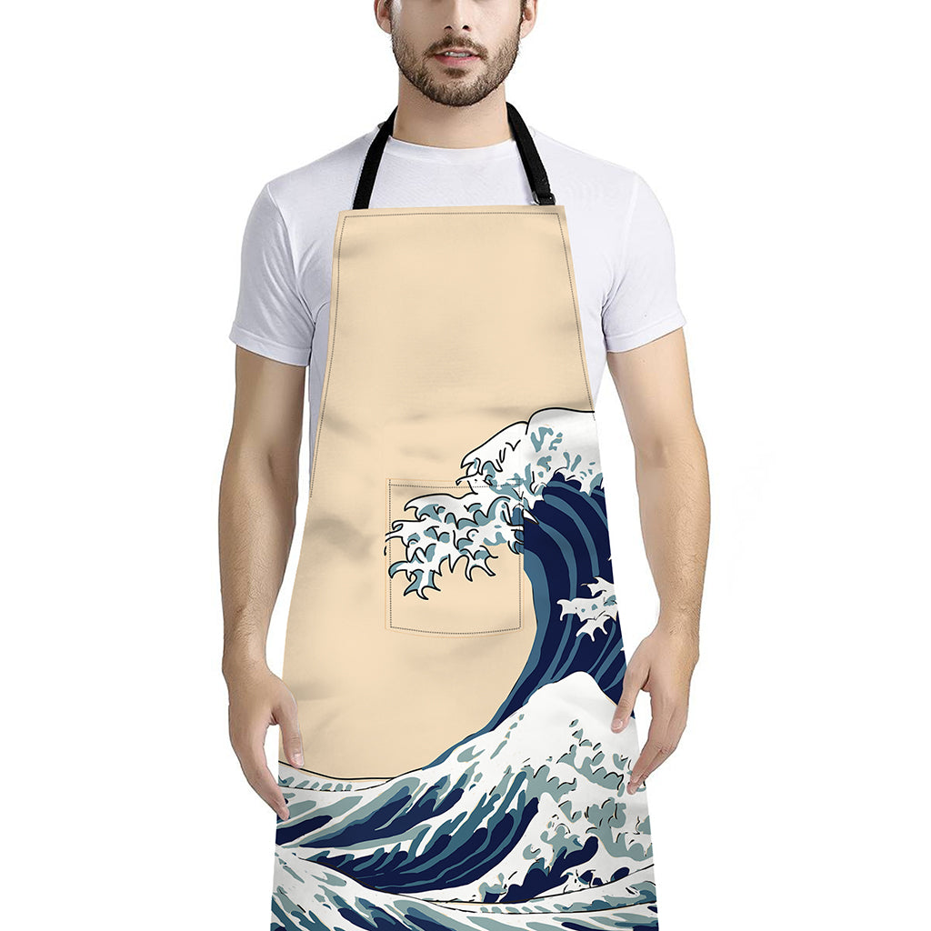 Japanese Ocean Wave Print Bib Apron With Pocket