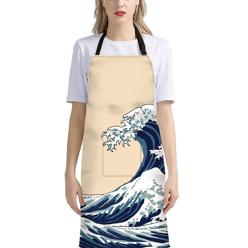 Japanese Ocean Wave Print Bib Apron With Pocket
