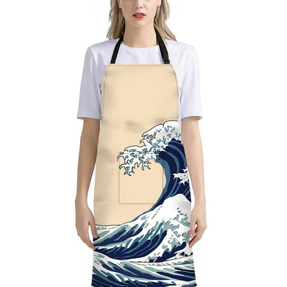 Japanese Ocean Wave Print Bib Apron With Pocket