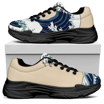 Japanese Ocean Wave Print Black Chunky Shoes