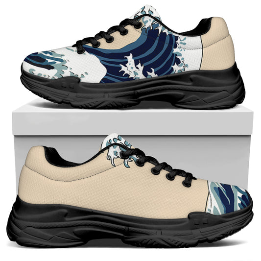 Japanese Ocean Wave Print Black Chunky Shoes