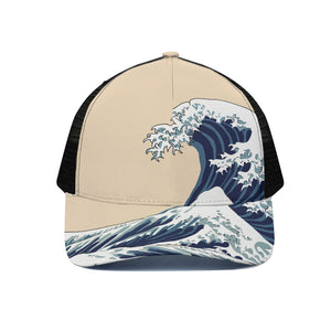 Japanese Ocean Wave Print Black Mesh Trucker Cap