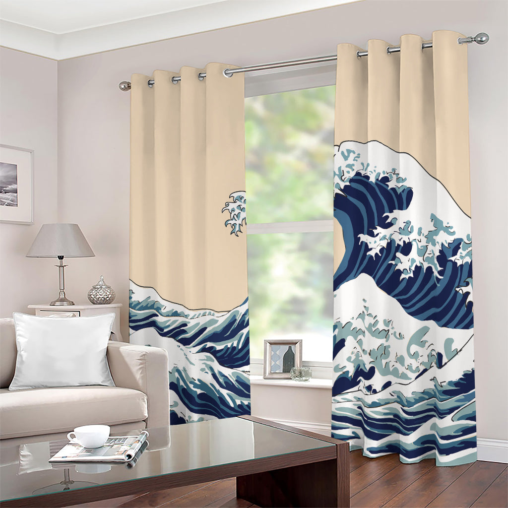 Japanese Ocean Wave Print Blackout Grommet Curtains