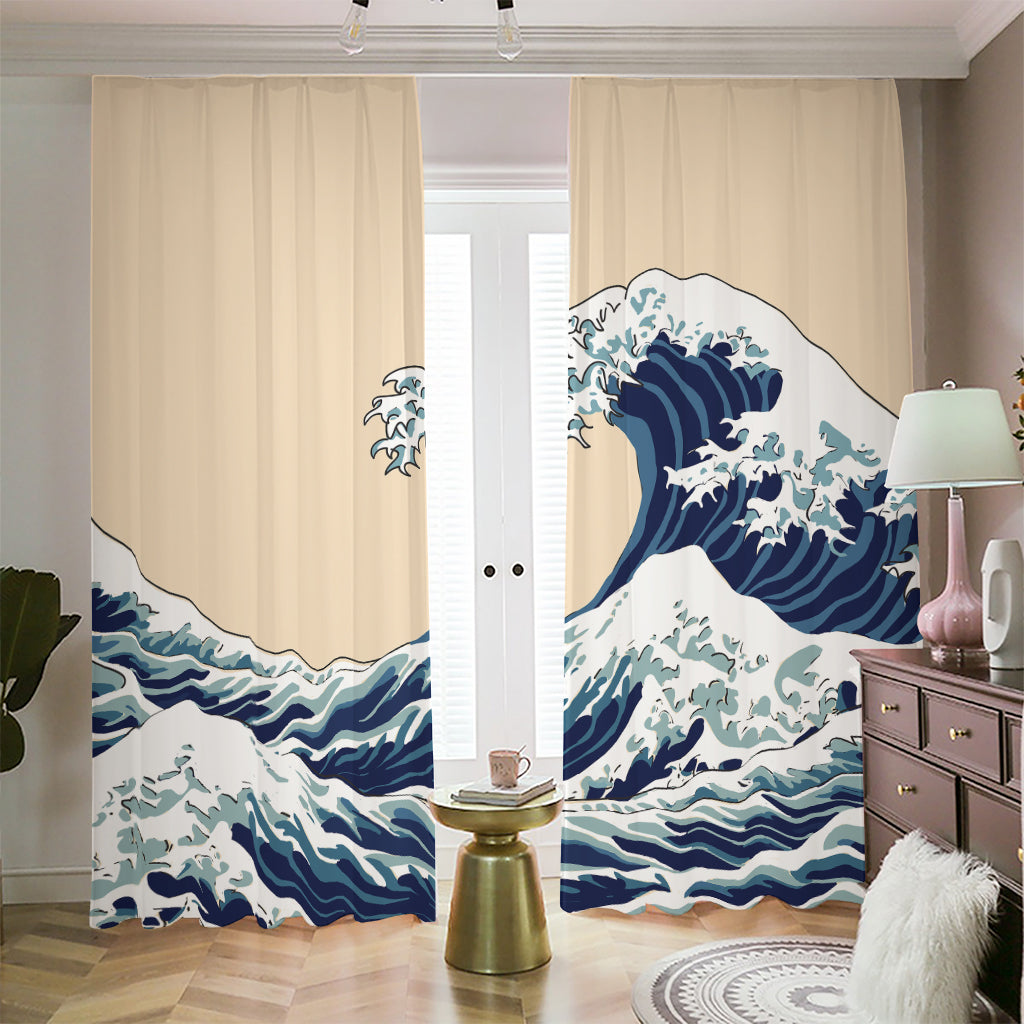 Japanese Ocean Wave Print Blackout Pencil Pleat Curtains