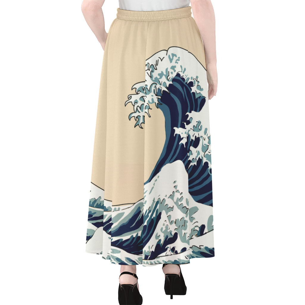 Japanese Ocean Wave Print Chiffon Maxi Skirt