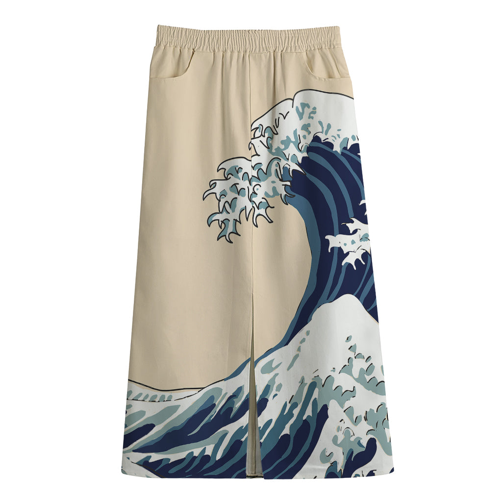 Japanese Ocean Wave Print Cotton Front Slit Maxi Skirt