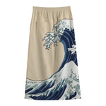 Japanese Ocean Wave Print Cotton Front Slit Maxi Skirt