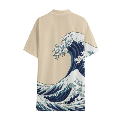 Japanese Ocean Wave Print Cotton Hawaiian Shirt