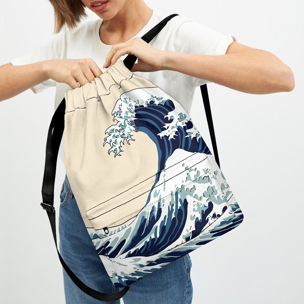 Japanese Ocean Wave Print Drawstring Backpack