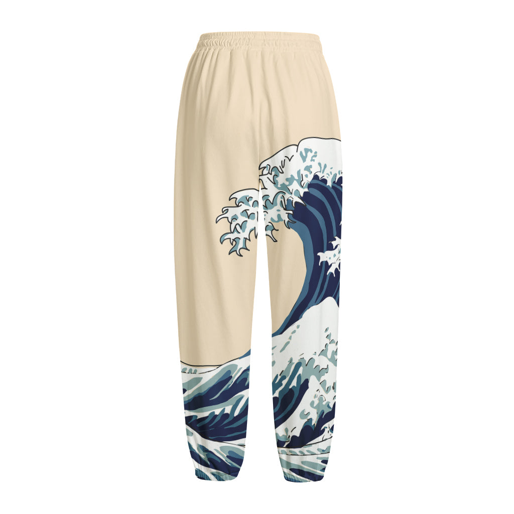 Japanese Ocean Wave Print Fleece Lined Knit Pants