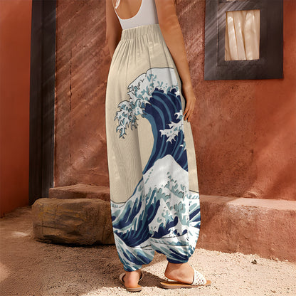 Japanese Ocean Wave Print Harem Pants