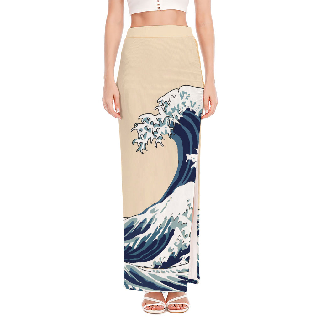 Japanese Ocean Wave Print High Slit Maxi Skirt