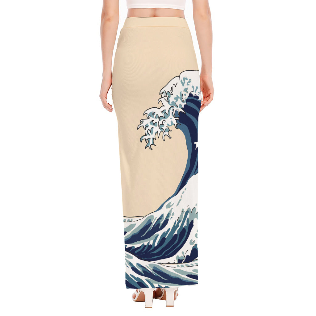 Japanese Ocean Wave Print High Slit Maxi Skirt