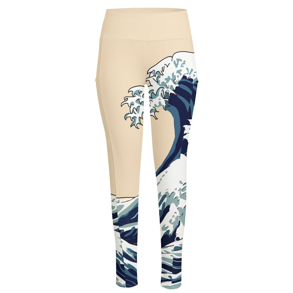 Japanese Ocean Wave Print High-Waisted Pocket Leggings