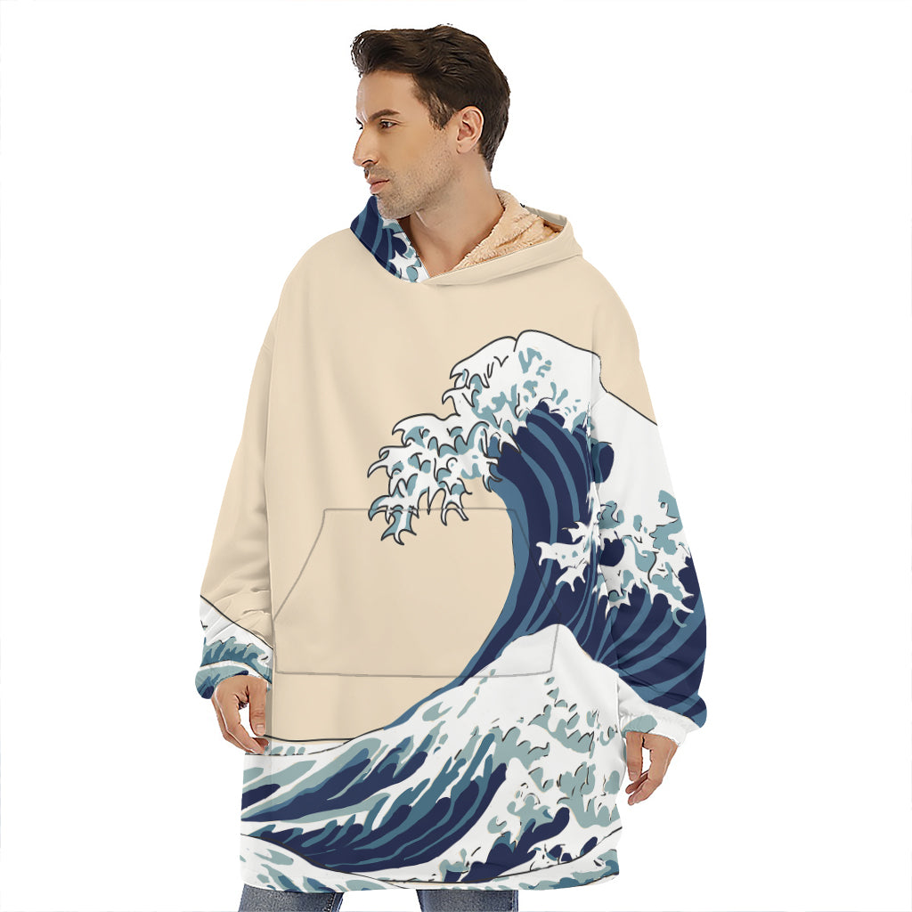 Japanese Ocean Wave Print Hoodie Blanket