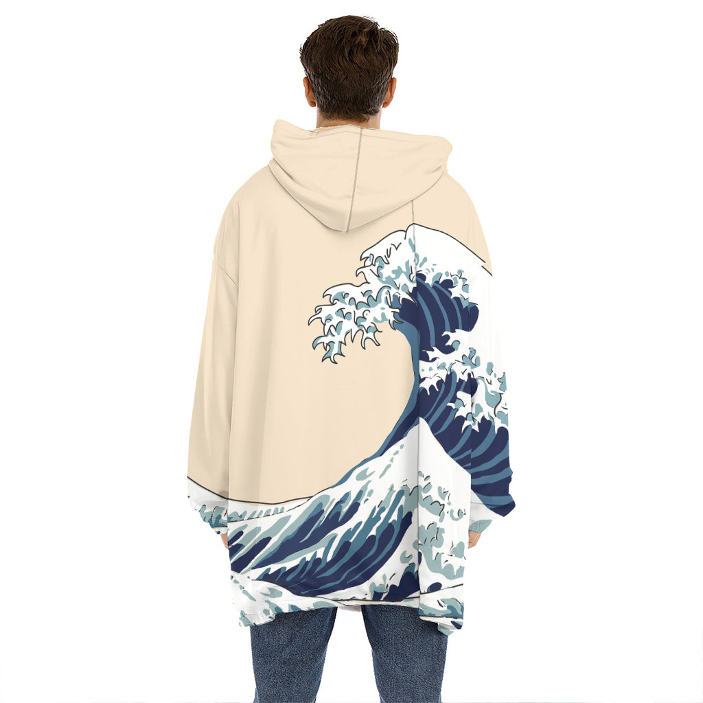 Japanese Ocean Wave Print Hoodie Blanket