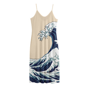 Japanese Ocean Wave Print Jersey Midi Cami Dress