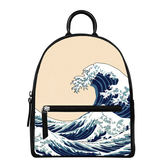 Japanese Ocean Wave Print Leather Backpack