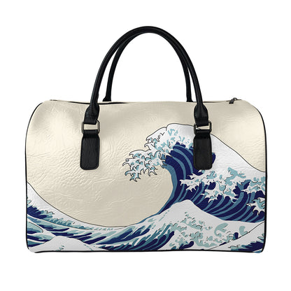 Japanese Ocean Wave Print Leather Duffle Bag
