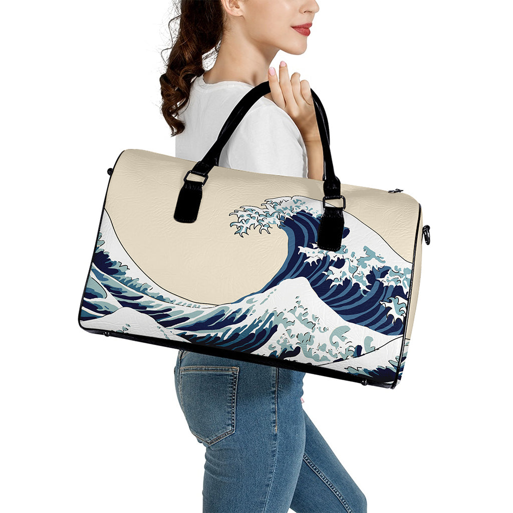 Japanese Ocean Wave Print Leather Duffle Bag